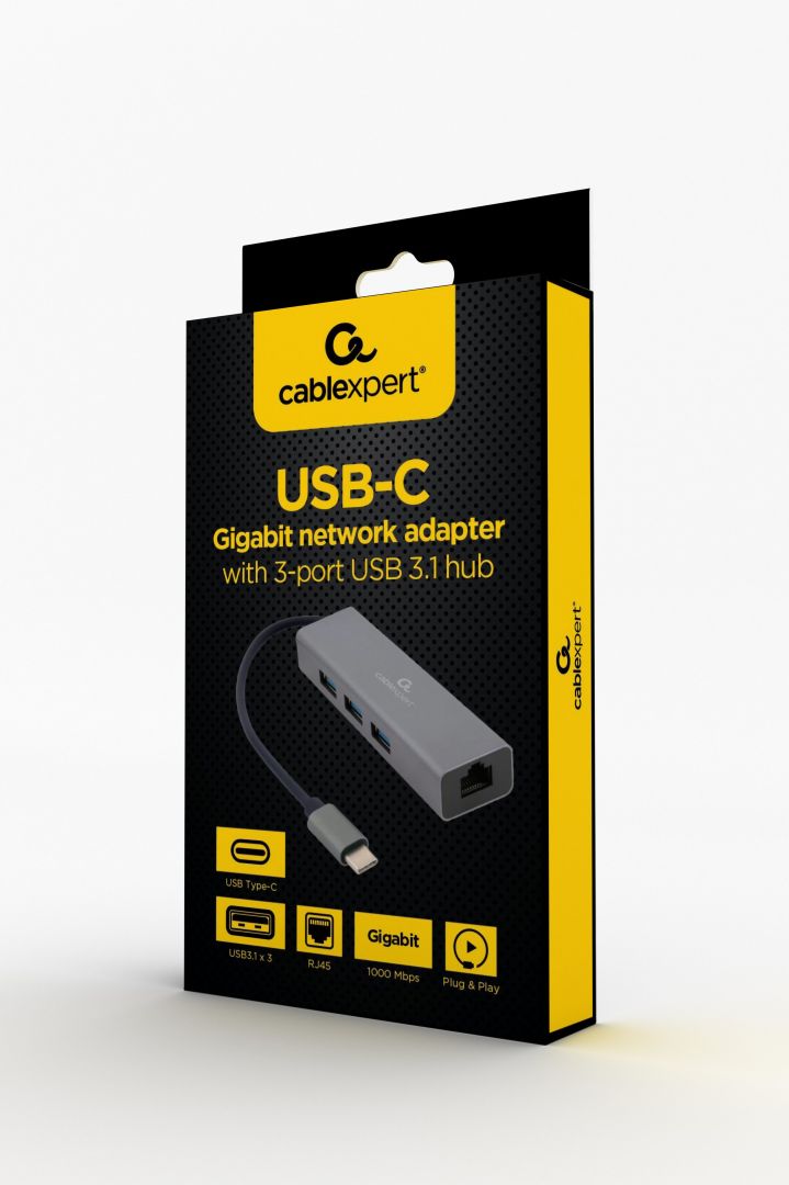 Gembird USB-C Gigabit network adapter with 3-port USB 3.1 hub Grey - Image 2