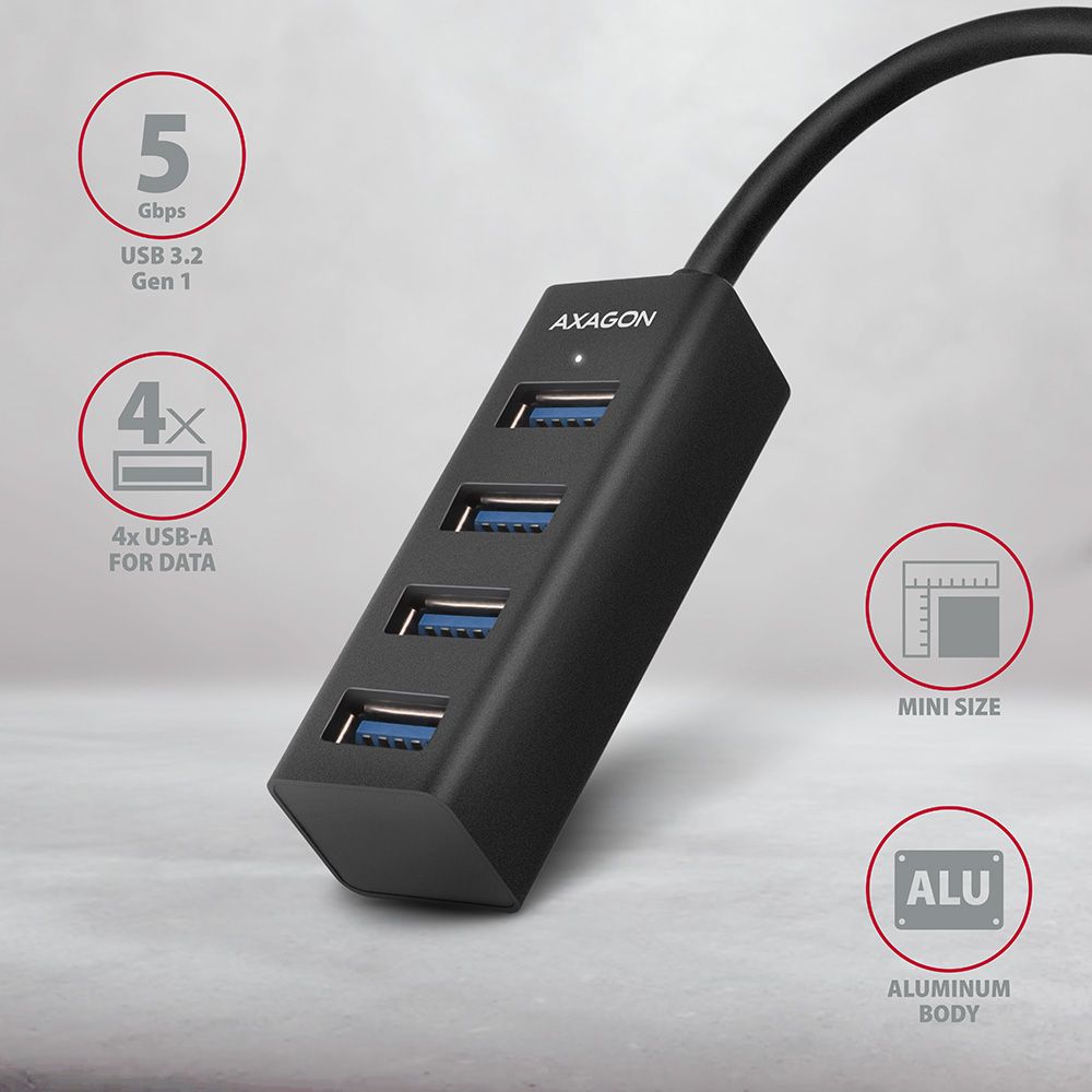AXAGON HUE-M1AL SuperSpeed USB-A Mini Hub 4-Portos USB3.2 HUB Metal black - Image 2