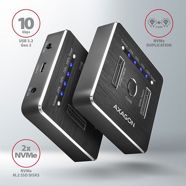 AXAGON ADSA-M2C SuperSpeed USB-C 10 Gbps Dual NVMe M.2 SSD Clone Master Dock - Image 2