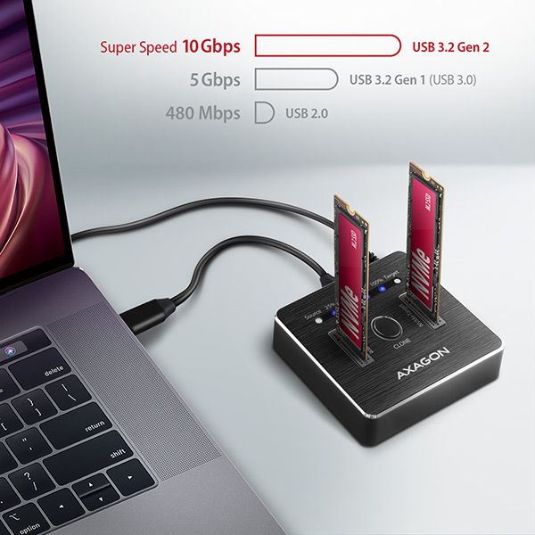 AXAGON ADSA-M2C SuperSpeed USB-C 10 Gbps Dual NVMe M.2 SSD Clone Master Dock - Image 4