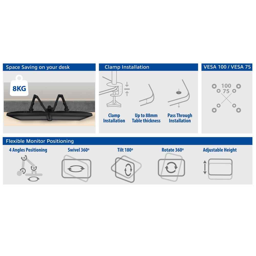 ACT AC8302 Monitor Desk Mount For 2 Monitors / Up to 35" VESA Black - Image 3