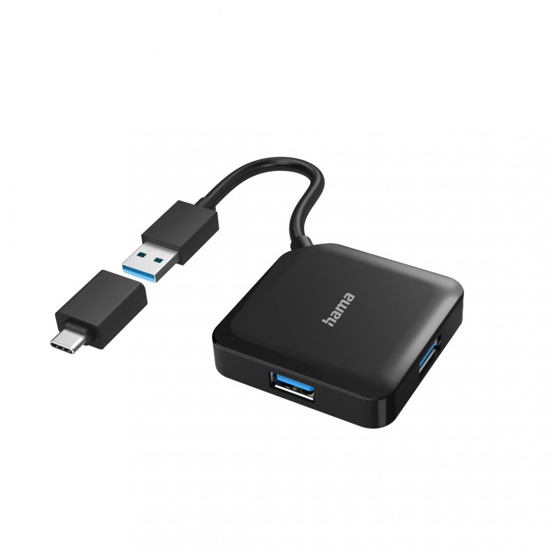 Hama 4 Ports USB 3.2 USB Hub  Black + USB Type-C Adapter - Image 1