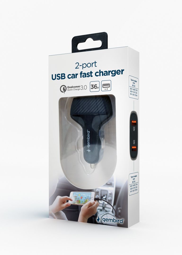 Gembird TA-U2QC3-CAR-01 2port USB Car Fast Charger QC3.0 36W Black - Image 5