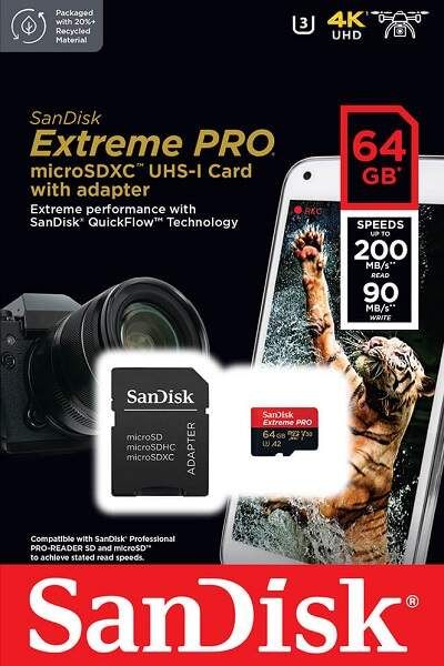 Sandisk 64GB microSDXC Extreme Pro Class 10 UHS-I A2 C10 V30 + adapterrel - Image 4