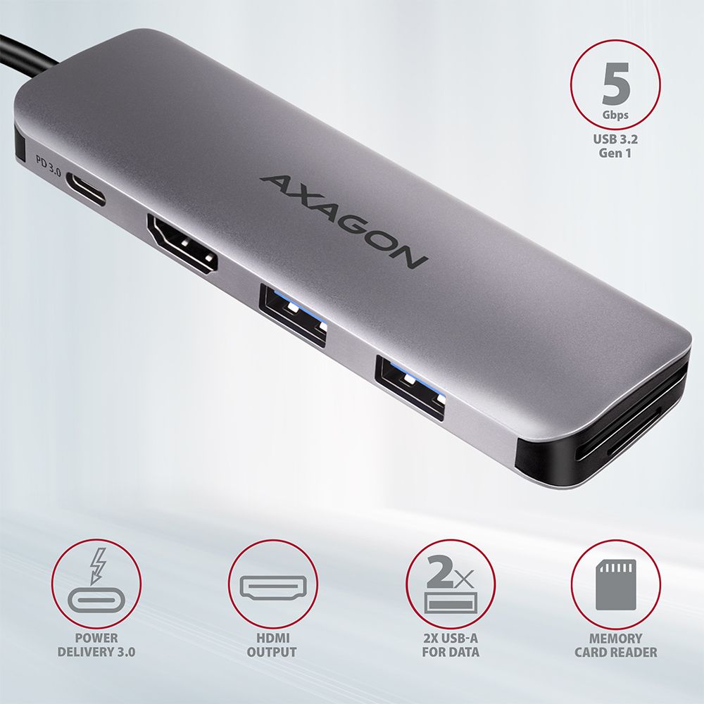AXAGON HMC-5 Superspeed USB-C Speedster 5H HUB Silver - Image 2