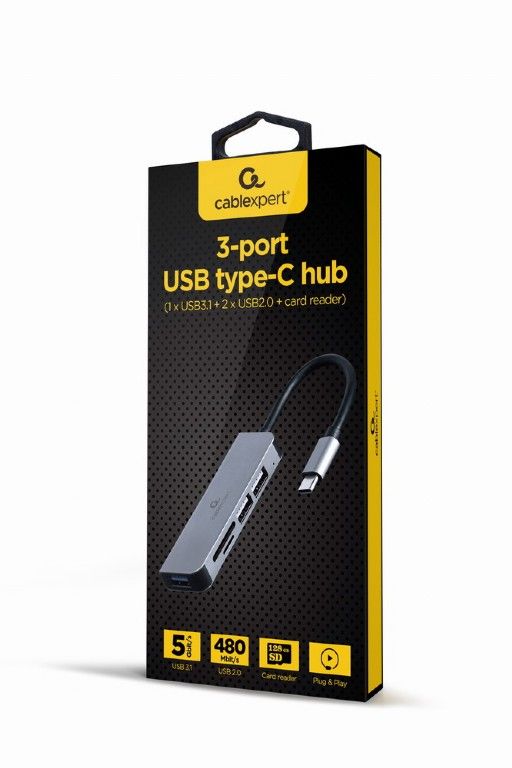Gembird UHB-CM-CRU3P1U2P2-01 USB Type-C 3-port USB hub USB3.1 + USB2.0 with card reader Aluminium - Image 2