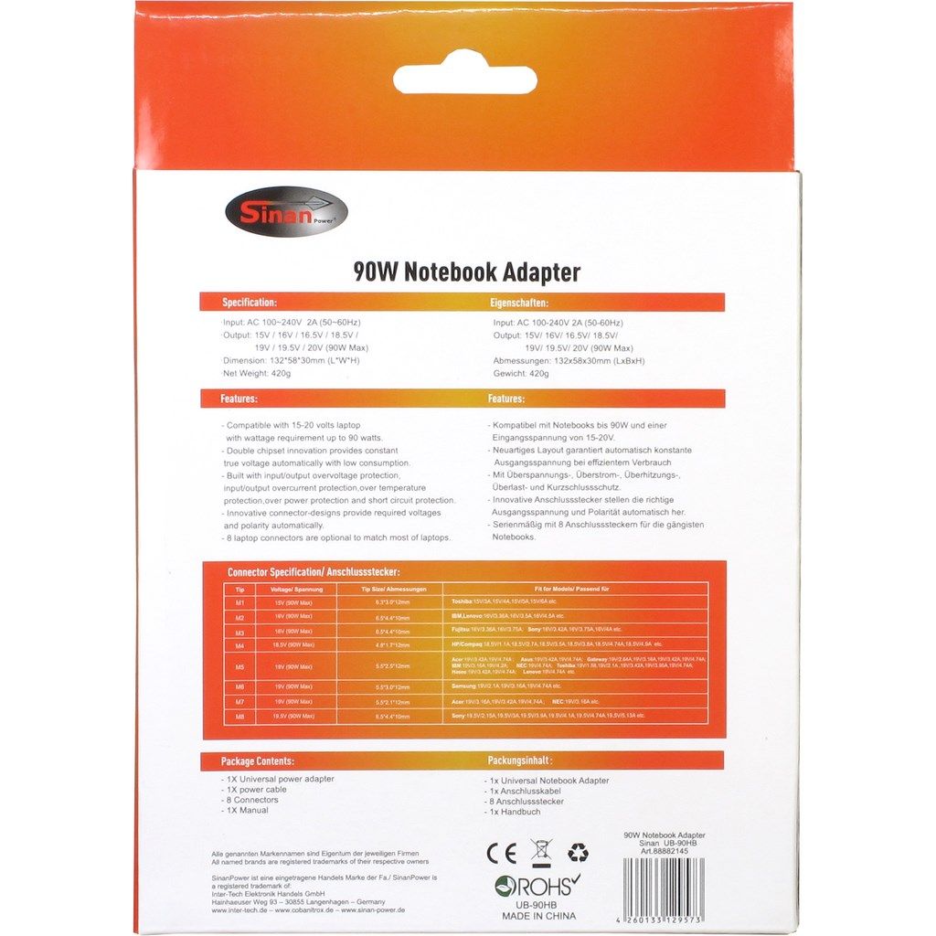 Inter-Tech Sinan UB-90HB 15-20V / 6A 90W univerzális hálózati notebook töltő - Image 7