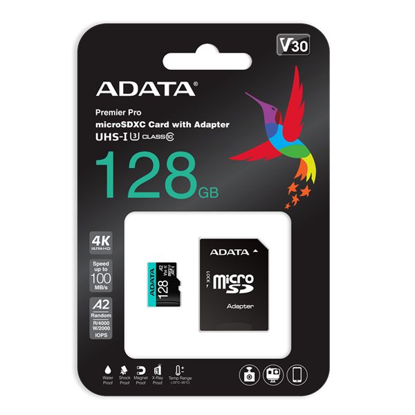 A-Data 128GB microSDXC Premier Pro Class 10 UHS-I U3 A2 V30 + adapterrel - Image 1