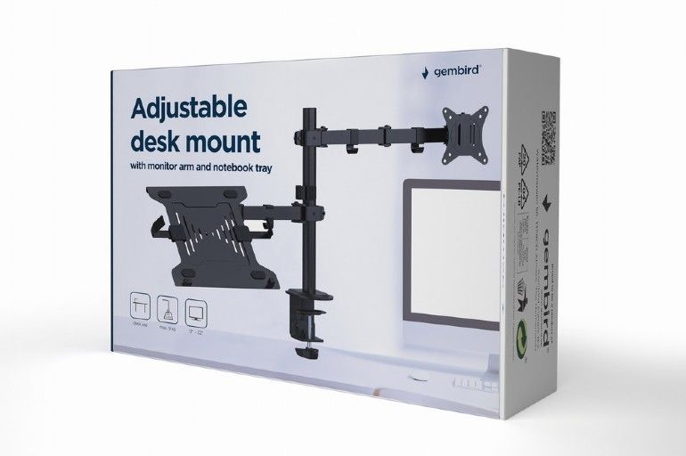 Gembird MA-DA-03 Adjustable Desk Mount With Monitor Arm And Notebook Tray Black - Image 3