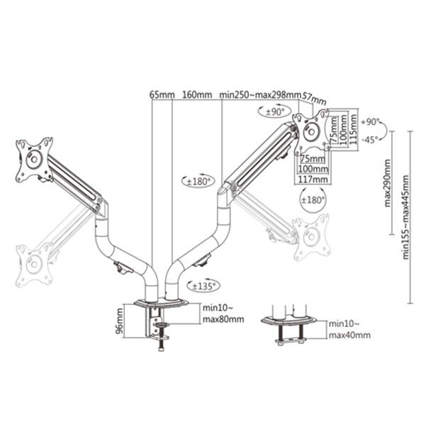 Gembird MA-DA2-02 Adjustable Tilting Desk 2-Display Mounting Arm 17”-32” Black - Image 2