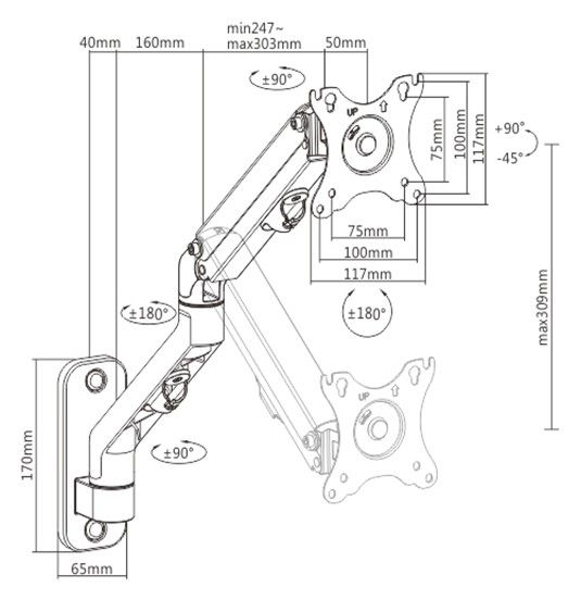 Gembird MA-WA1-02 Adjustable Wall Display Mounting Arm 27” Black - Image 2