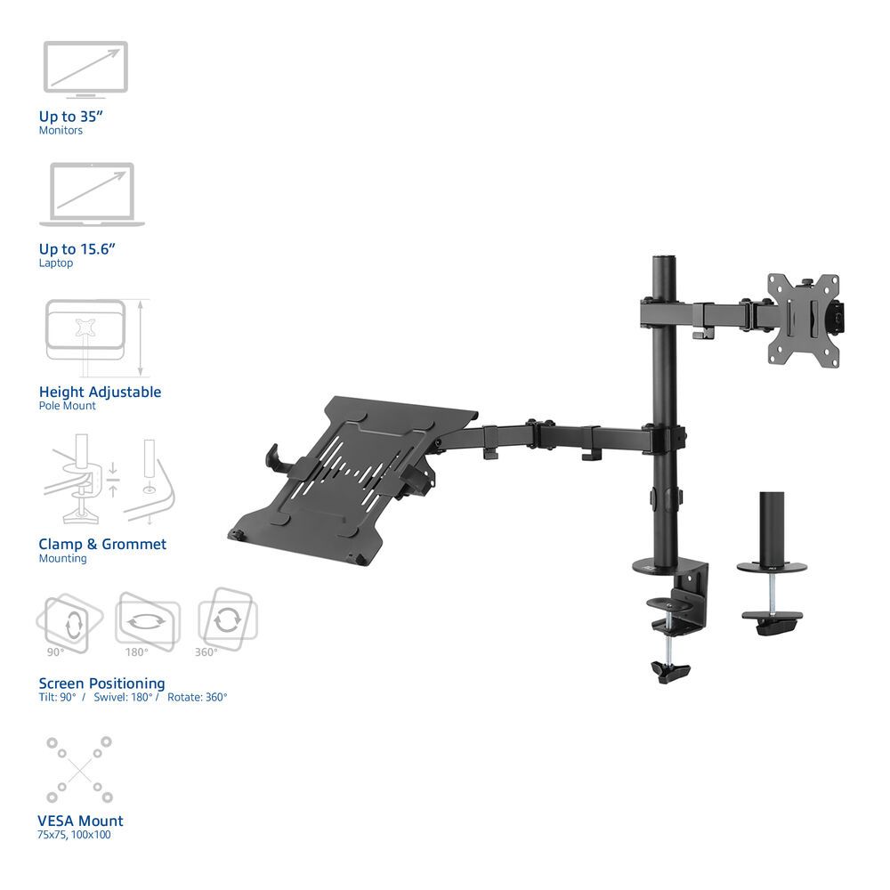ACT AC8305 Single Monitor Arm with Laptop Arm 10"-35" Black - Image 2