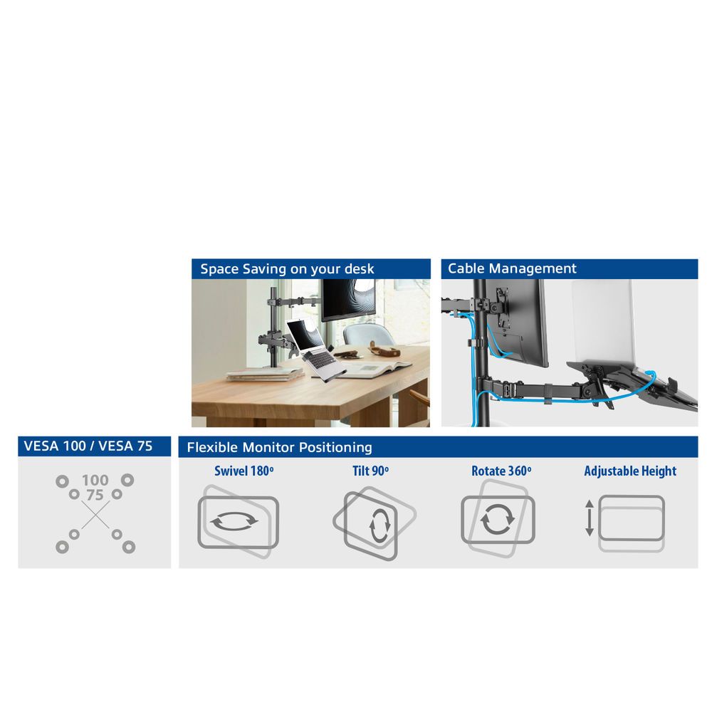 ACT AC8305 Single Monitor Arm with Laptop Arm 10"-35" Black - Image 5