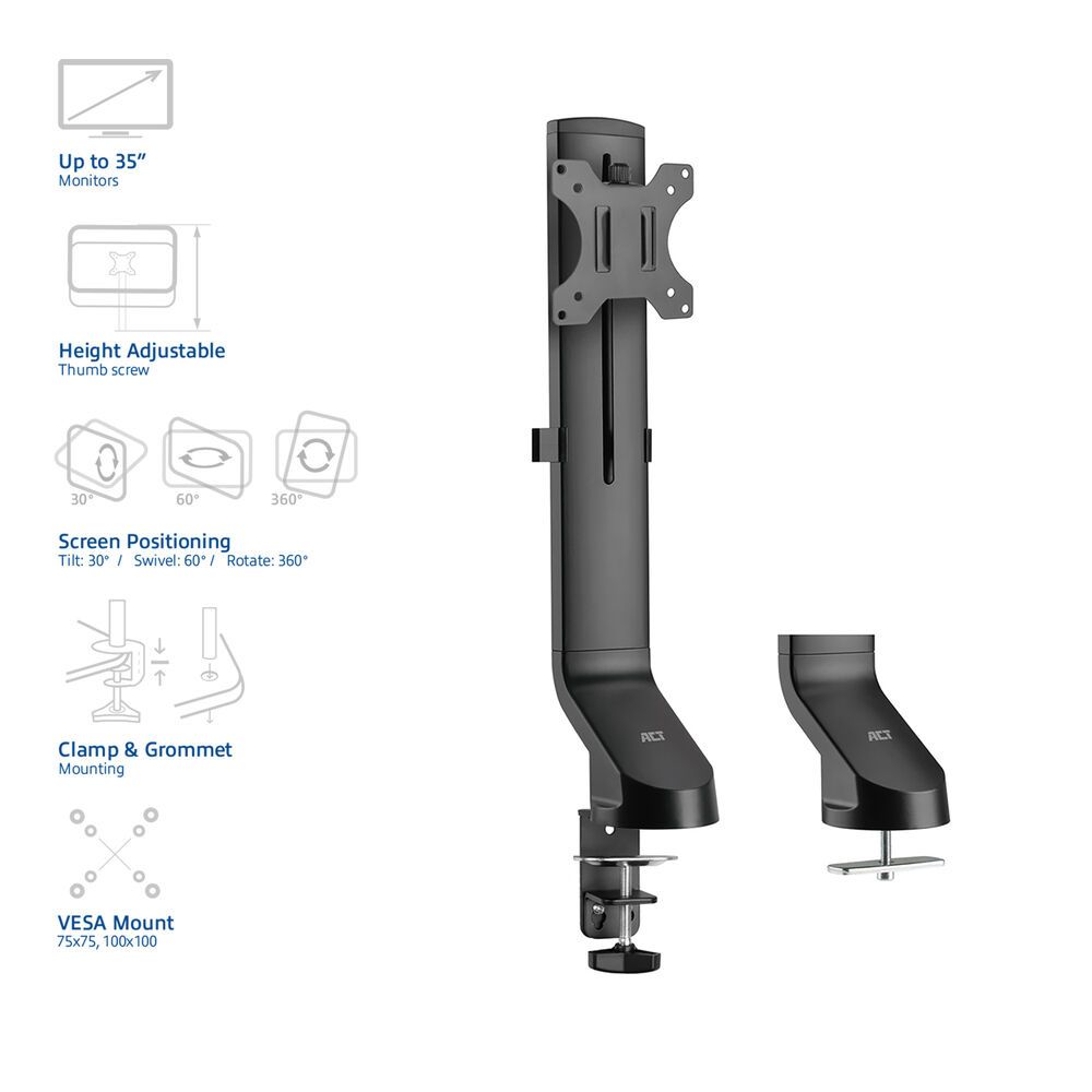 ACT AC8321 Single Monitor Arm Office Quick Height Adjustment 10"-35" Black - Image 3