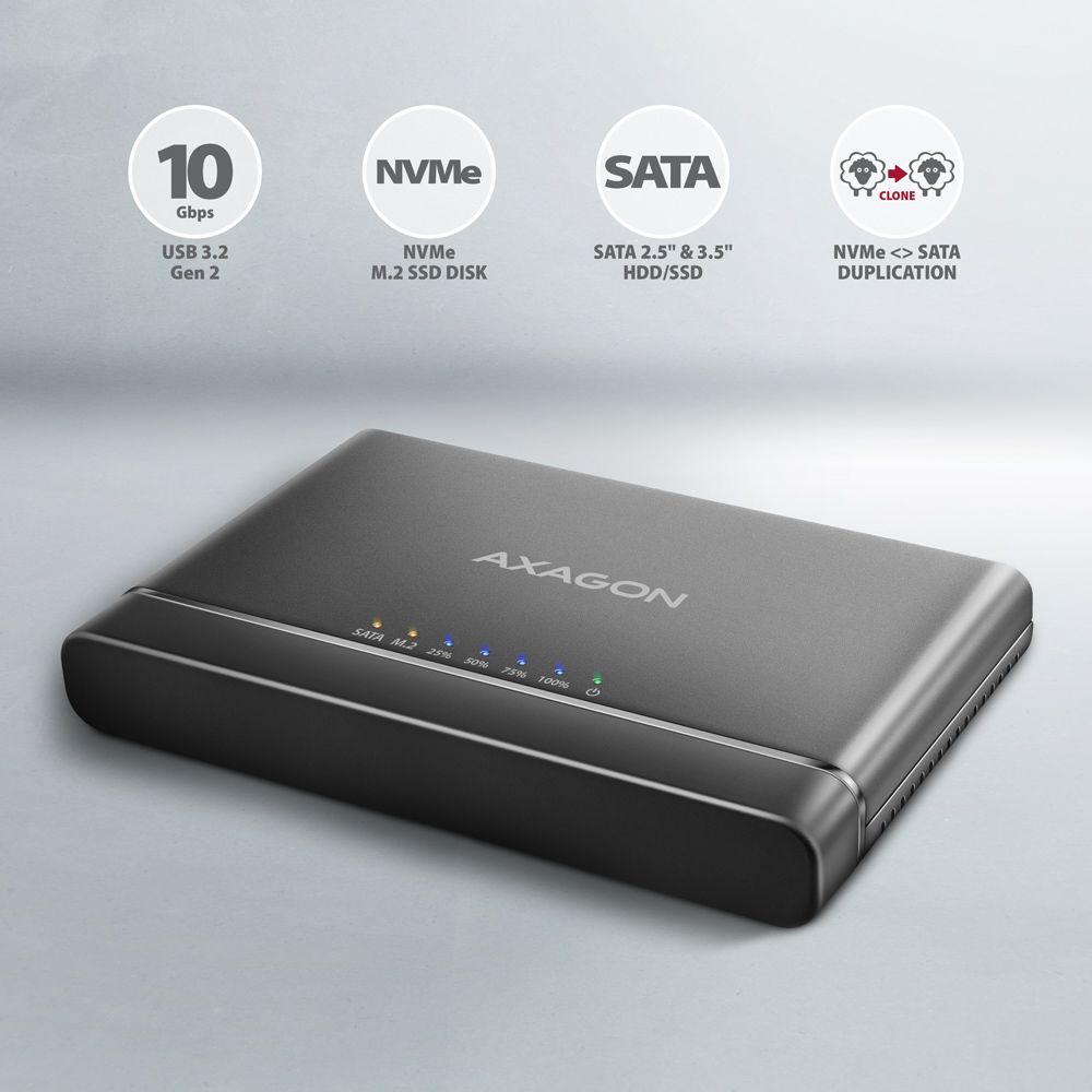 Axagon ADSA-CC USB-C 10Gbps NVMe M.2/SATA 2,5"/3,5" HDD/SSD másoló - Image 3