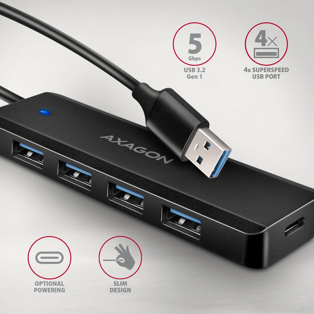 AXAGON HUE-C1A USB-A 5GBPS TRAVEL HUB Black - Image 2