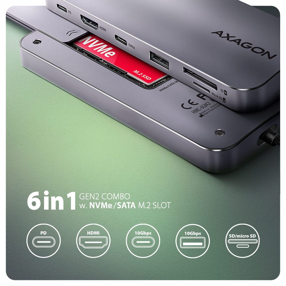 AXAGON HMC-6GM2 USB-C 10GBPS GEN2COMBO 6IN1 HUB - Image 2