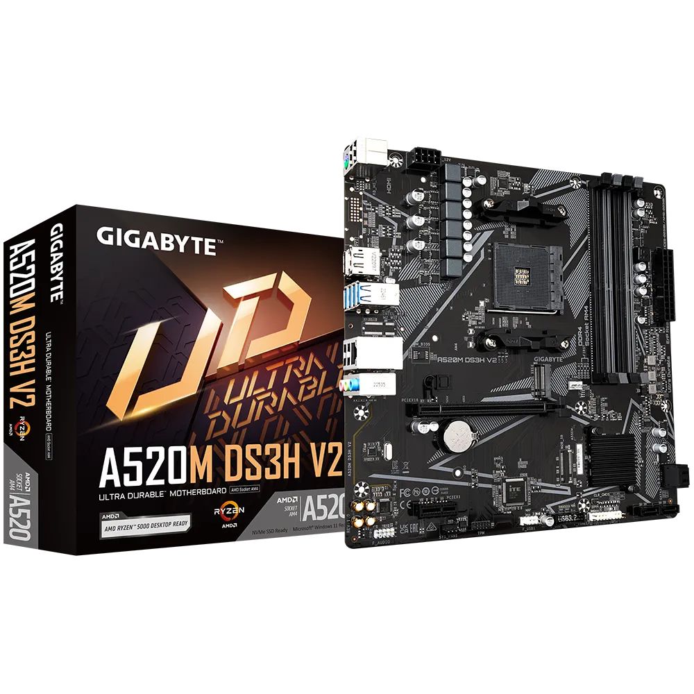 Gigabyte Alaplap - AMD A520M DS3H V2 AM4 (A520M, 4xDDR4 3200MHz, PCI-E, RAID, 4xSATA3, M.2, 6xUSB2.0, 6xUSB3.1) - Image 1
