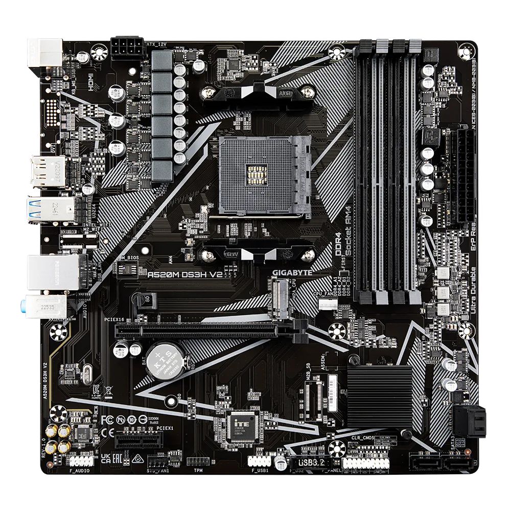 Gigabyte Alaplap - AMD A520M DS3H V2 AM4 (A520M, 4xDDR4 3200MHz, PCI-E, RAID, 4xSATA3, M.2, 6xUSB2.0, 6xUSB3.1) - Image 3