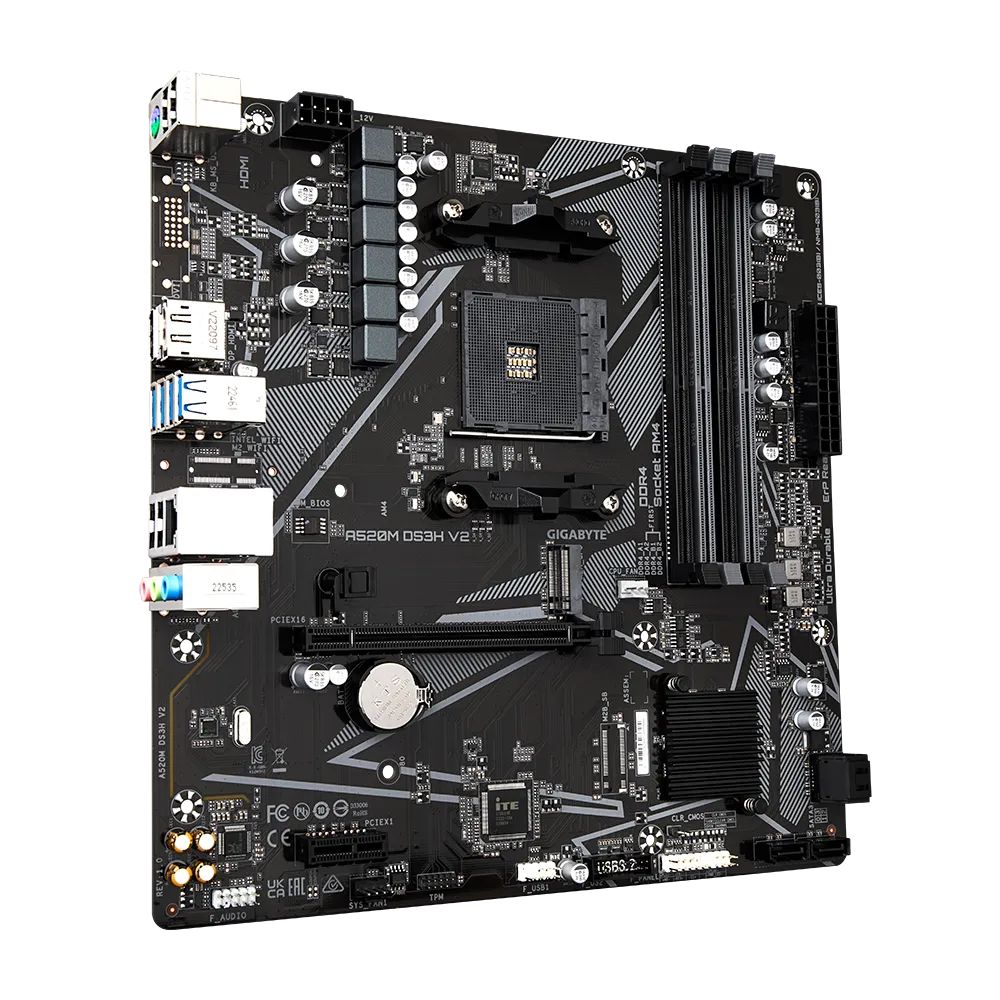 Gigabyte Alaplap - AMD A520M DS3H V2 AM4 (A520M, 4xDDR4 3200MHz, PCI-E, RAID, 4xSATA3, M.2, 6xUSB2.0, 6xUSB3.1) - Image 4