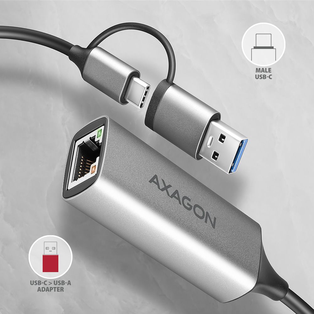 AXAGON ADE-TXCA USB-C + USB-A Gigabit Ethernet Adapter Grey - Image 6
