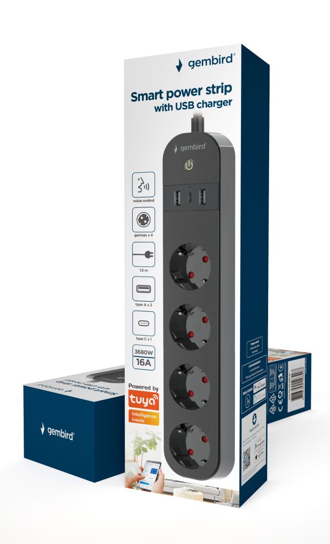 Gembird Smart power strip with USB charger 4 sockets Black - Image 4