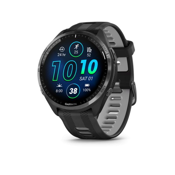 Garmin Forerunner 965 Carbon Grey DLC Titanium Bezel with Black Case and Black/Powder Grey Silicone Band - Image 1
