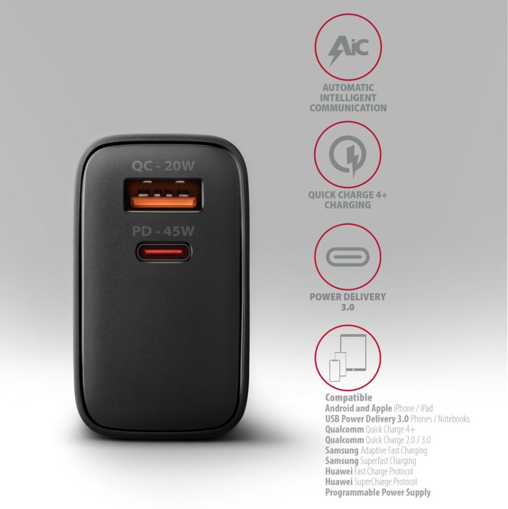 AXAGON ACU-PQ45 PD3.0 & QC4+ 2xOutputs Wall Charger 45W Black - Image 2