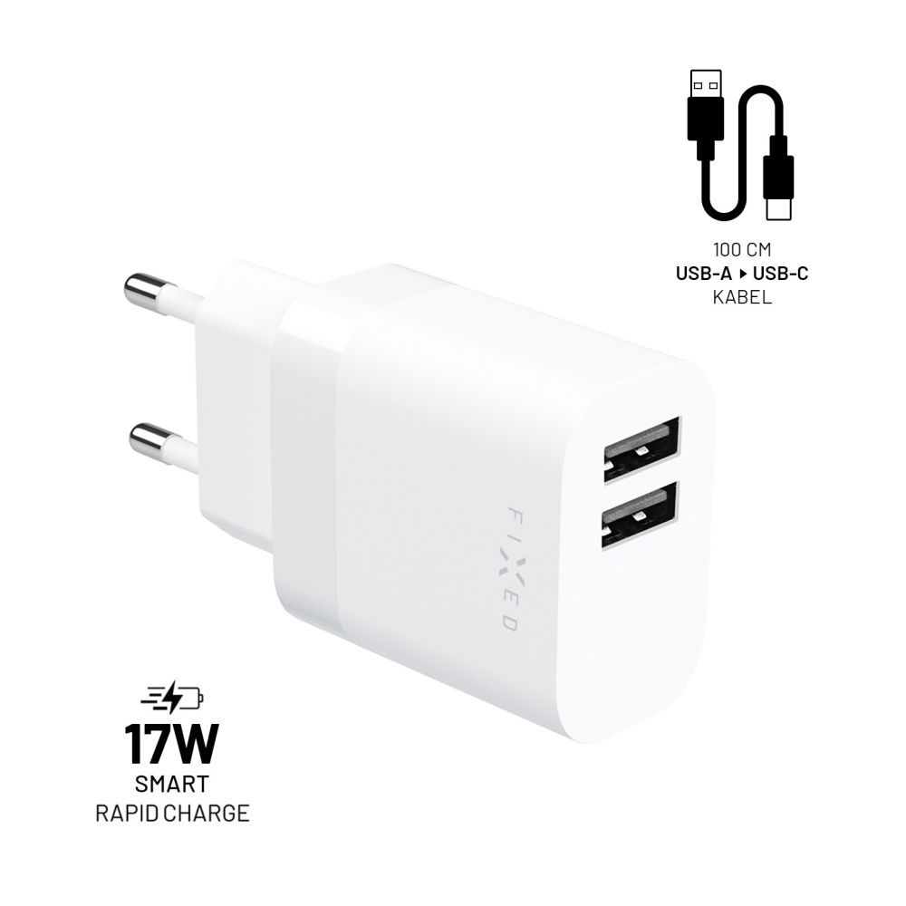 FIXED hálózati töltő, 2*USB-A kimenet, 17W + USB/USB-C kábel, fehér - Image 2