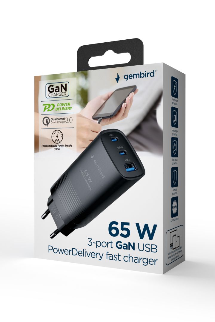 Gembird 3-port 65W GaN USB PowerDelivery fast charger Black - Image 5
