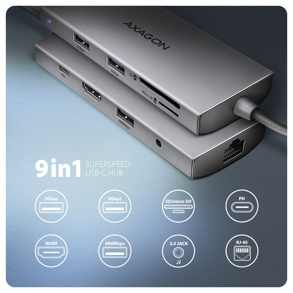 AXAGON HMC-8HLSA USB-C 5Gbps 9in1 hub Grey - Image 2