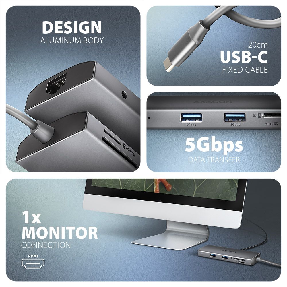 AXAGON HMC-8HLSA USB-C 5Gbps 9in1 hub Grey - Image 4