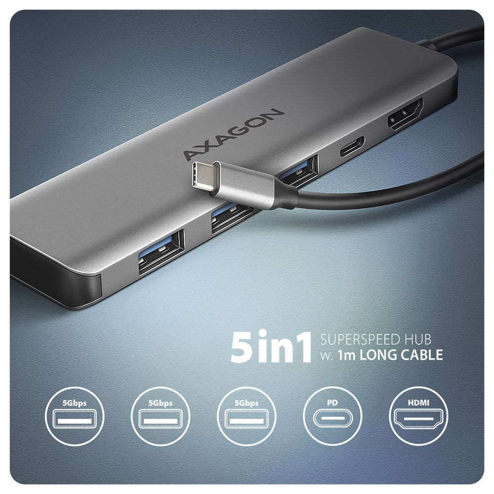 AXAGON HMC-5H USB-C 5Gbps 5in1 hub Silver - Image 2
