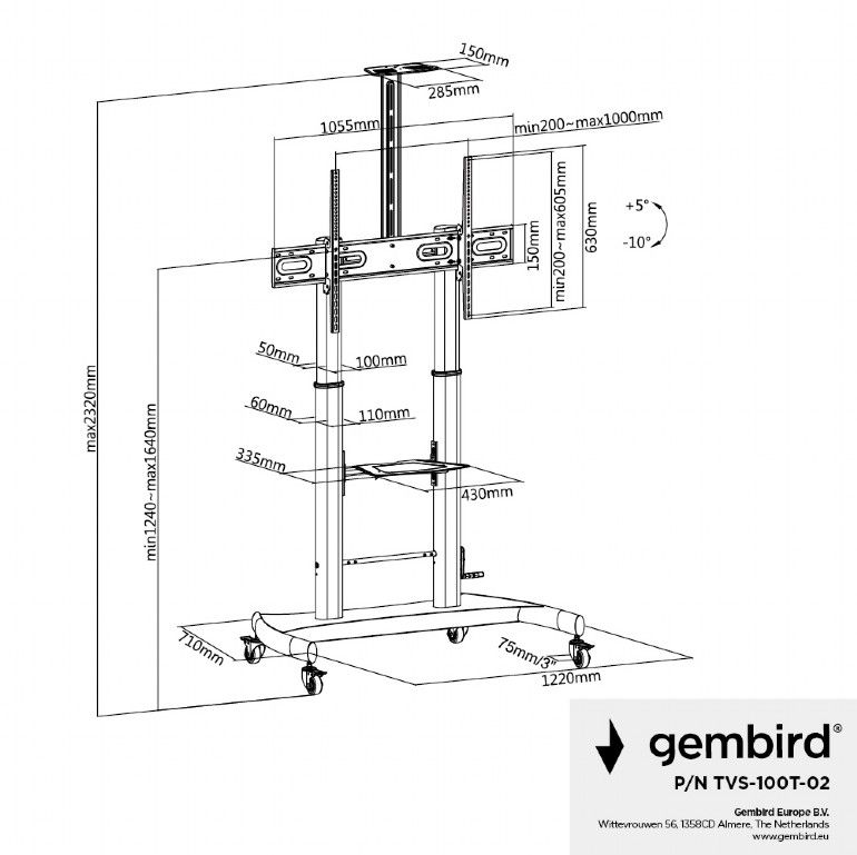 Gembird TVS-100T-02 Height adjustable TV floor stand with caster wheels 60"-100" Black - Image 10