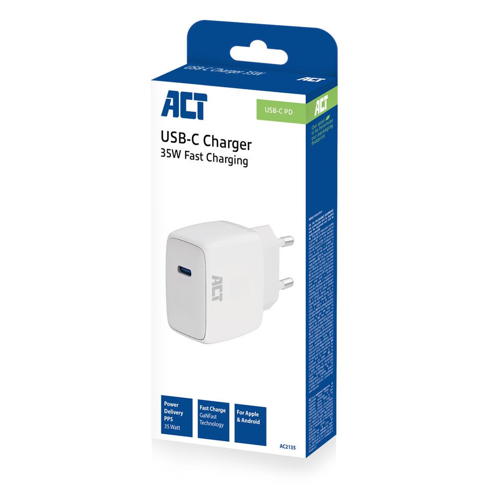 ACT AC2135 USB-C Charger 35W with Power Delivery PPS and GaNFast White - Image 2