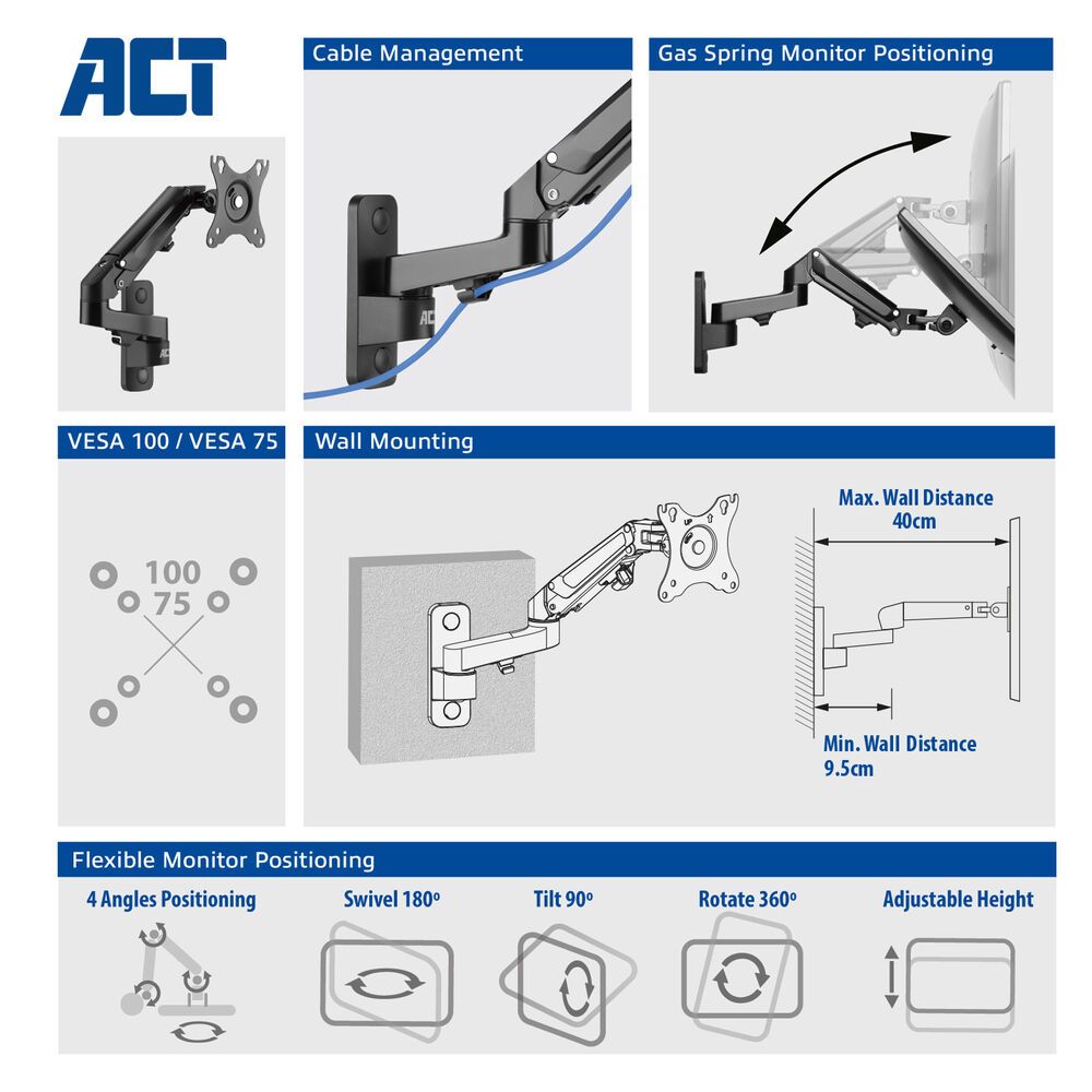 ACT AC8310 Monitor wall mount with gas spring 1 screen Black - Image 4
