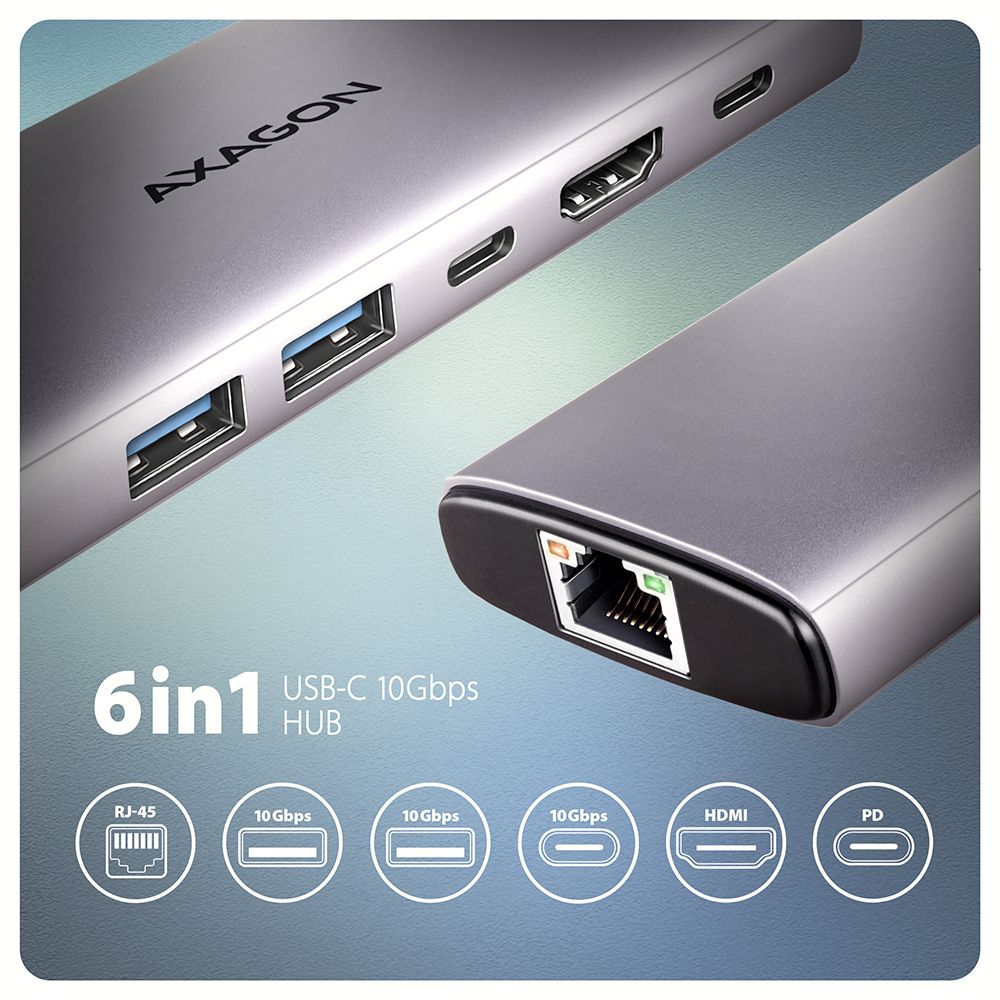 AXAGON HMC-6G2L USB-C 10Gbps 6in1 Hub Silver - Image 2