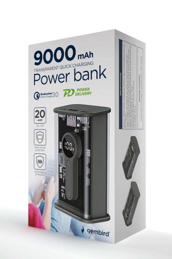 Gembird Transparent QC3.0 Quick Charging 9000mAh Powerbank Black - Image 5