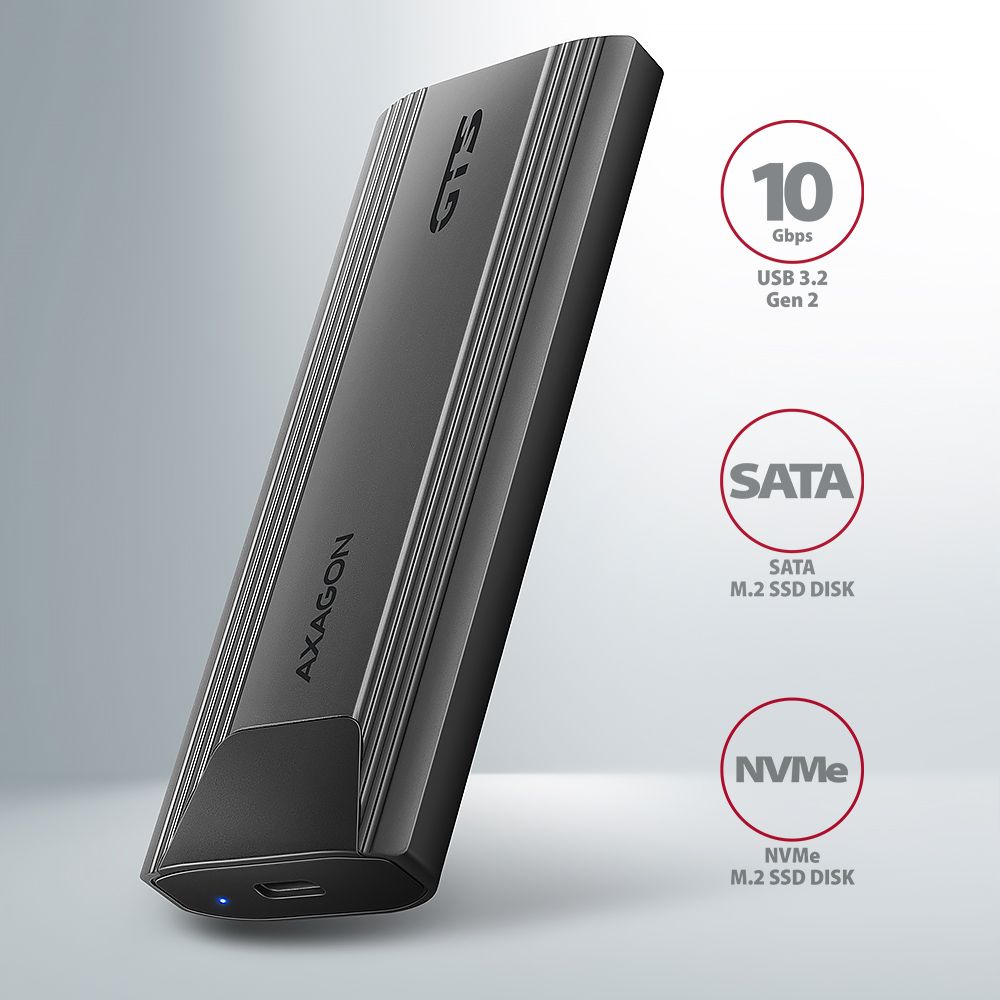 Axagon EEM2-GTS2 USB-C 3.2 Gen 2 M.2 NVMe/SATA szürke csavar nélküli külső SSD ház - Image 3