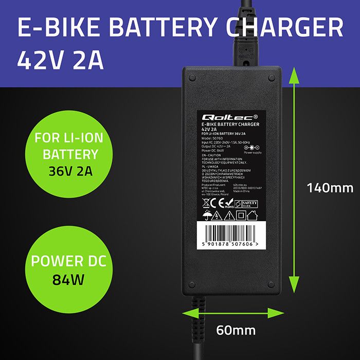 Qoltec Charger for E-bike Electric Scooter Black - Image 2