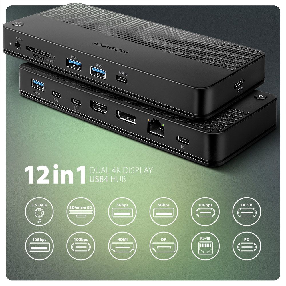 AXAGON HMC-U4 USB4 40Gbps Dual 4K Display 12in1 Dock - Image 2