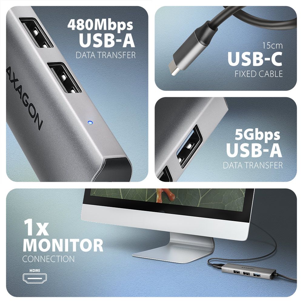AXAGON HMC-H3A USB-C 5Gbps Starter 4in1 hub Silver - Image 3