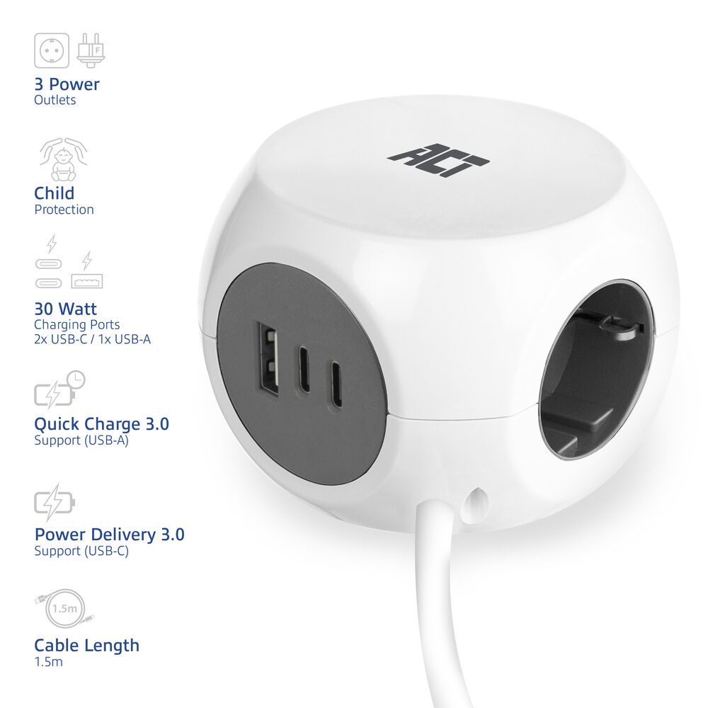 ACT Power Strip Cube F Socket Hálózati Elosztó 3DIN 1,5m White - Image 2