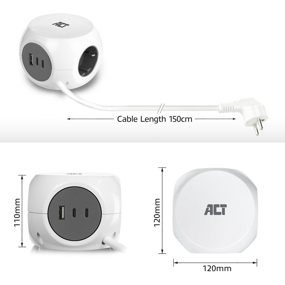 ACT Power Strip Cube F Socket Hálózati Elosztó 3DIN 1,5m White - Image 6