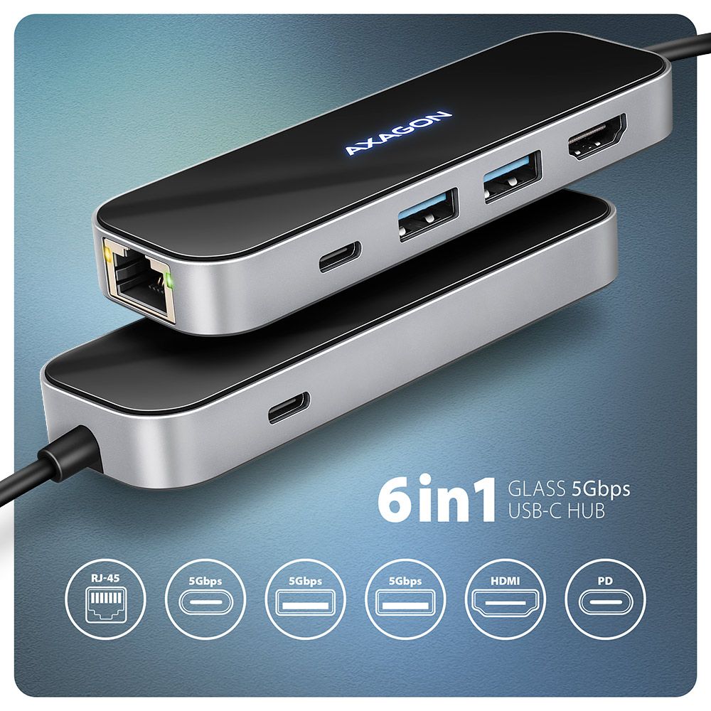 AXAGON HMC-6GLN USB-C 5Gbps Glass 6in1 hub Black - Image 2