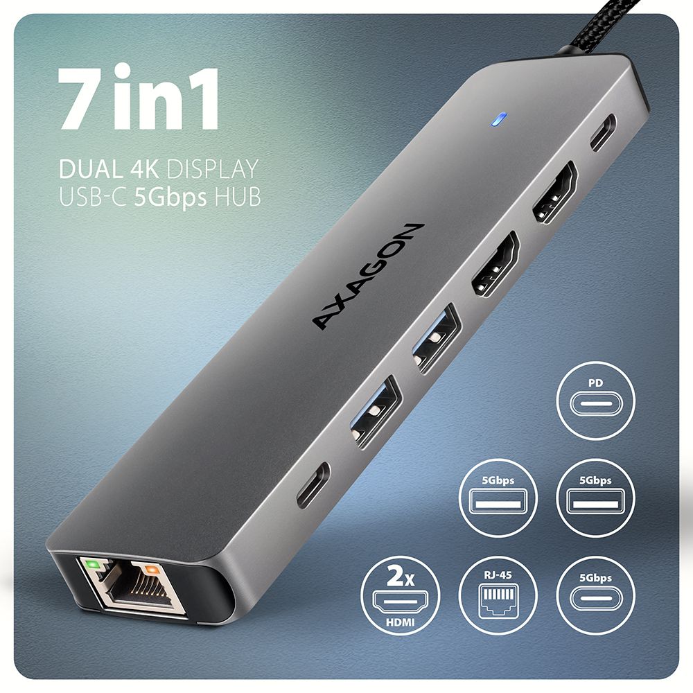 AXAGON HMC-7HX2 USB-C 5Gbps Dual 4K Display 7in1 Hub Aluminium - Image 2