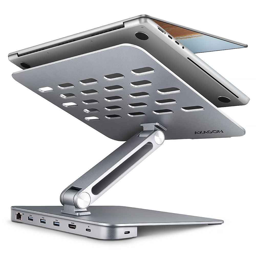 axagon-hmc-stnd-usb-c-5gbps-aluminium-stand-hub-7in1-silver_1.jpg AXAGON HMC-STND Többportos USB-C 5Gbps hub és alumínium állvány laptopokhoz - Image 1