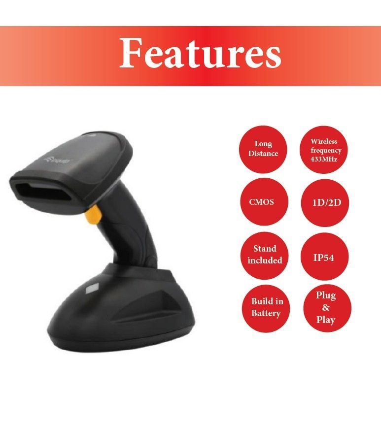 EQuip Wireless 2D Barcode Scanner Long Distance with Stand Vonalkódolvasó Black - Image 4
