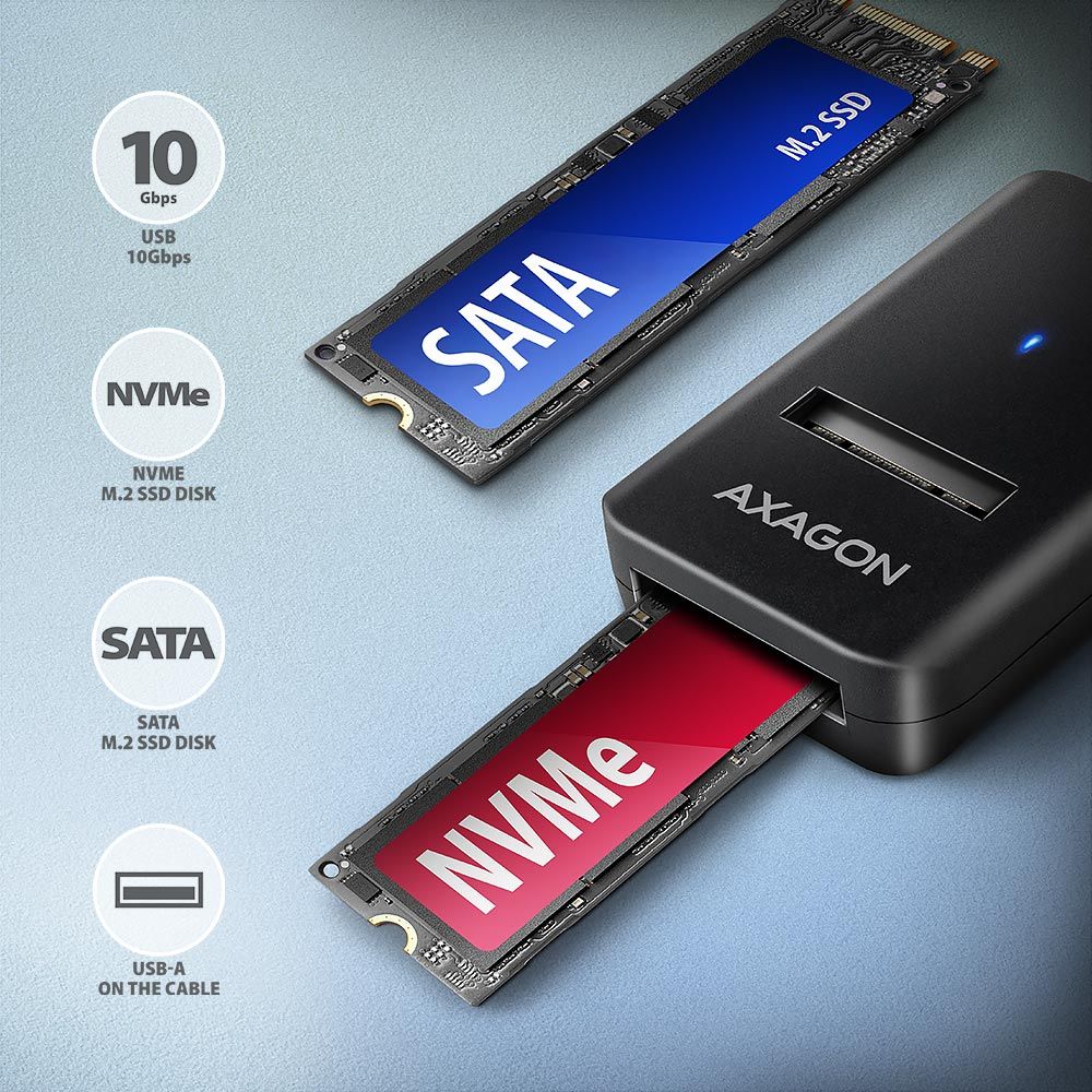 AXAGON ADM2-AM USB-A 10Gbps M.2 NVMe & SATA SSD Adapter - Image 2