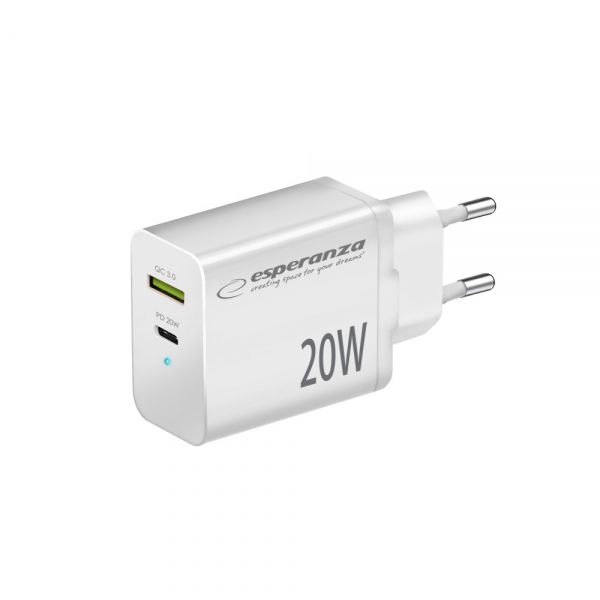 esperanza-quich-power-charger-20w-usb-c-pd-20w-usb-a-qc-3.0-18w-white_1.jpg Esperanza Quich Power Charger 20W USB-C PD 20W / USB-A QC 3.0 18W White - Image 1